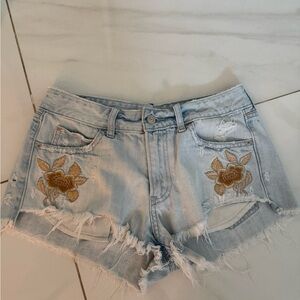 Abercrombie & Fitch Light Blue Denim Shorts with Gold Floral Embroidery